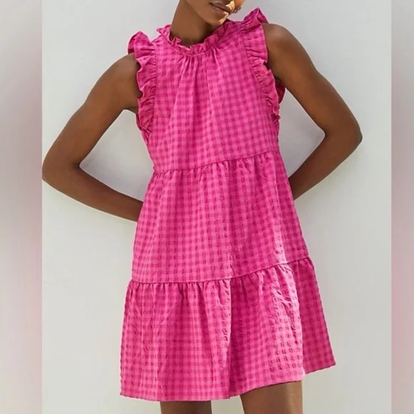 MAEVE by Anthropologie Lida Ruffle Mini Dress in Pink Gingham Size L - Picture 1 of 9